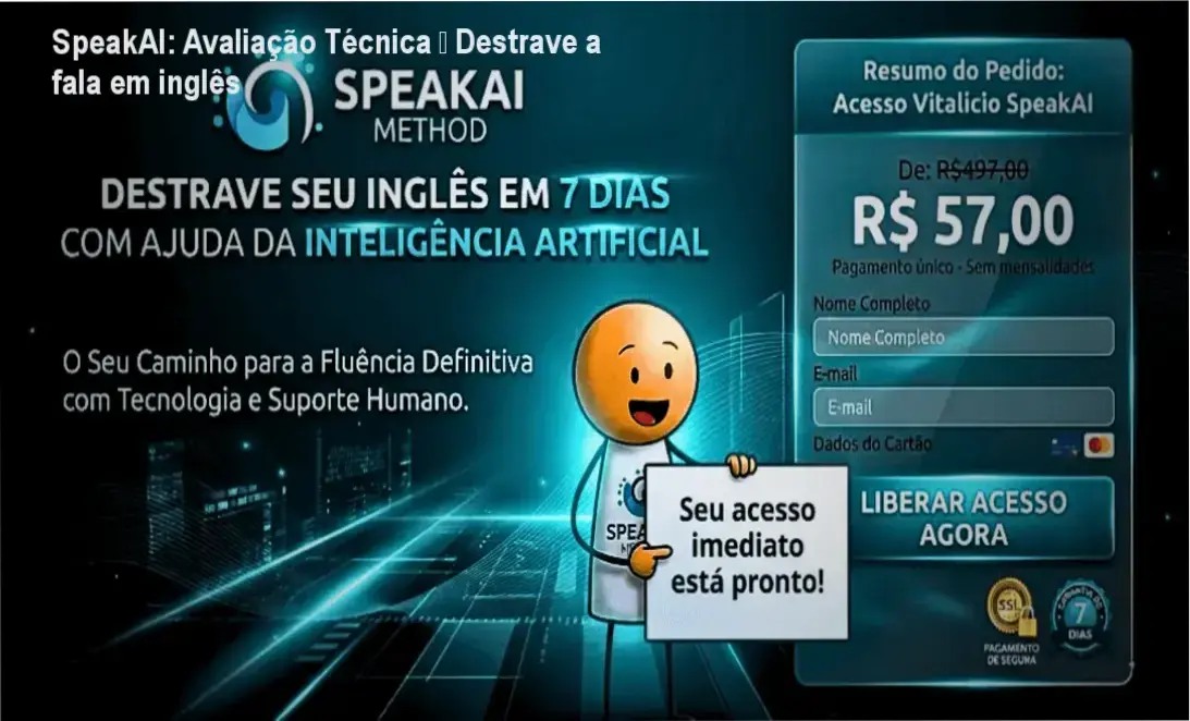 SpeakAI: Avaliação Técnica – Destrave a fala em inglês 1 https://ondeaprender.com.br/speakai-analise-tecnica-destrave-fala-ingles/ Tela do curso Método SpeakAI mostrando frases práticas e áudio de pronúncia