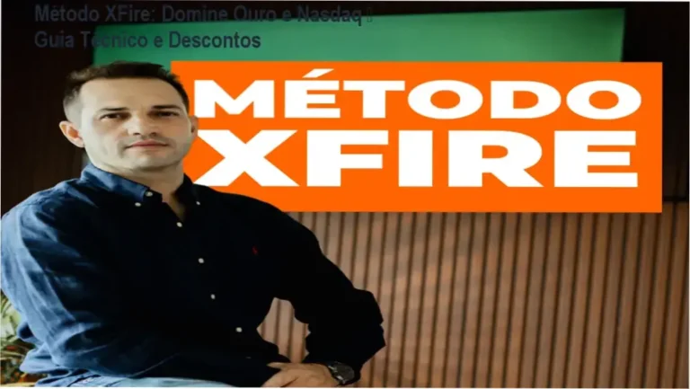 Tela do curso Método XFire mostrando módulo de Ouro e Nasdaq com selo de desconto