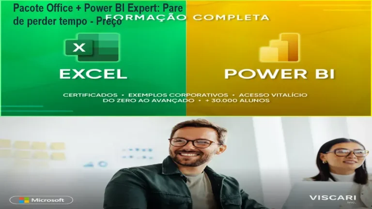 Imagem mostrando a tela do curso Pacote Office + Power BI Expert com destaque para preço, certificado e exemplos de dashboards