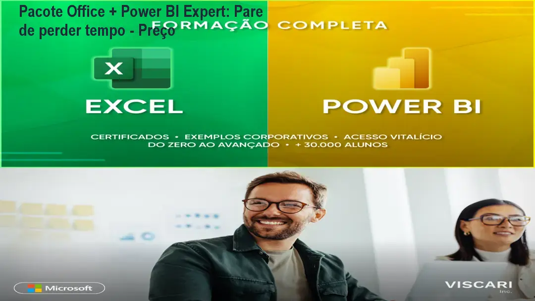 Imagem mostrando a tela do curso Pacote Office + Power BI Expert com destaque para preço, certificado e exemplos de dashboards