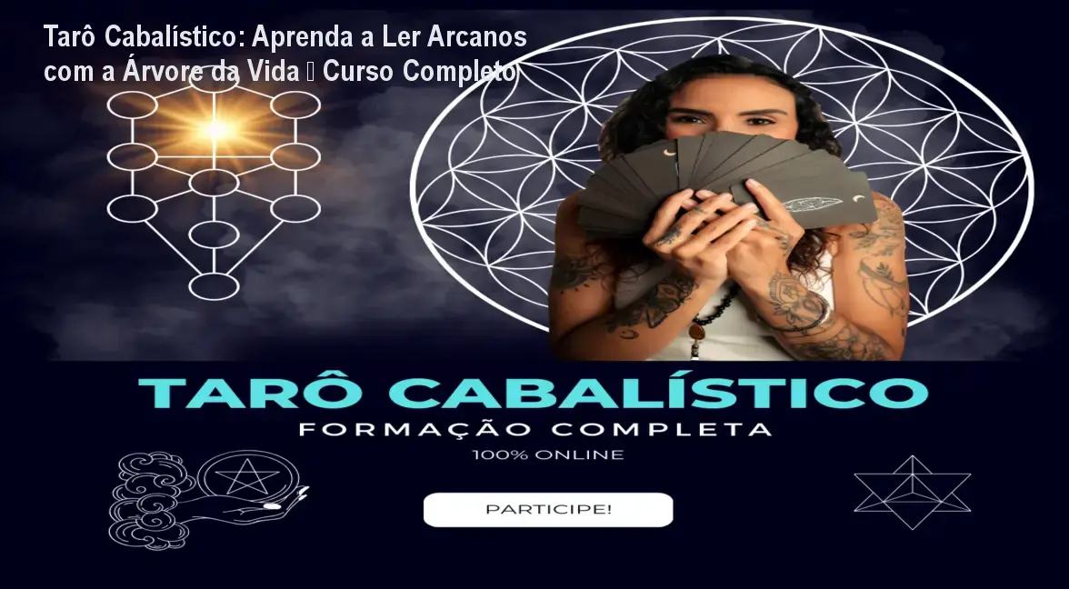 Imagem do curso Tarô Cabalístico mostrando símbolos da Árvore da Vida e cartas de tarô em um ambiente meditativo