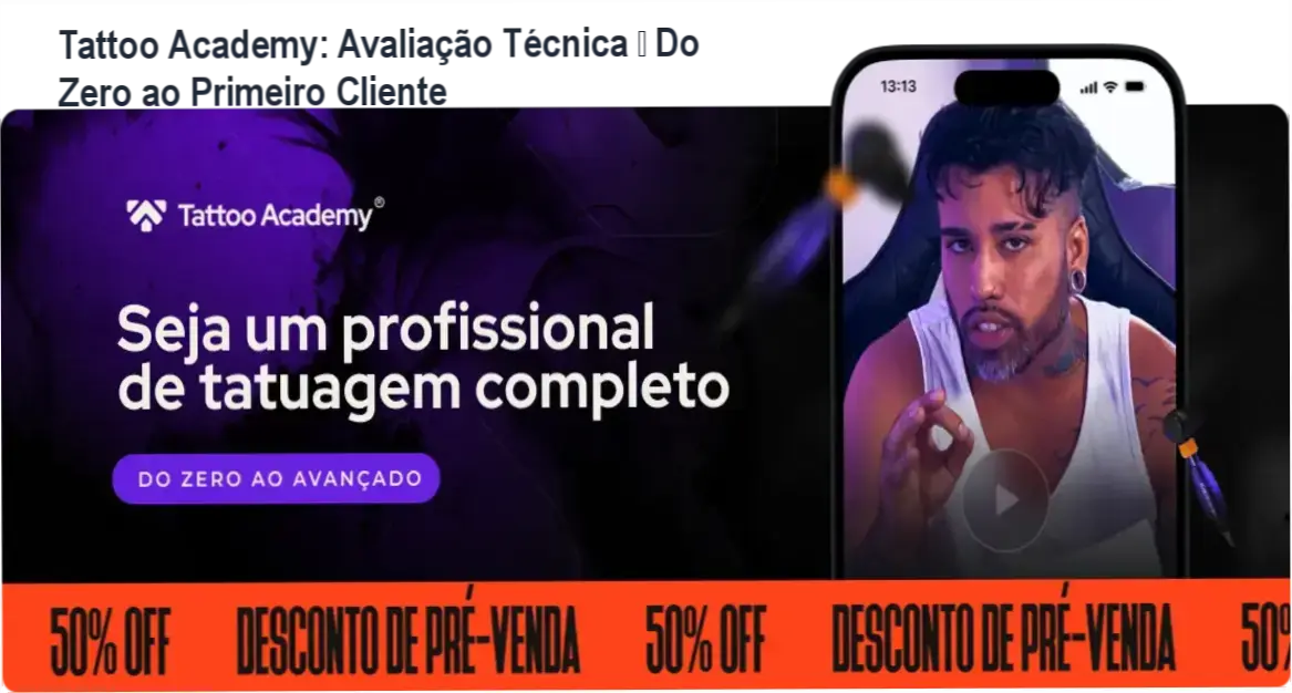 Capa do ebook Tattoo Academy mostrando avaliação técnica do curso de tatuagem profissional