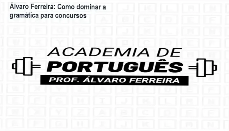 Imagem ilustrativa da Academia do Português de Álvaro Ferreira mostrando módulos de vídeo e questões comentadas