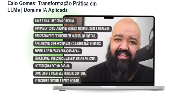 Título: Transformação Prática em LLMs. Nome: O Senhor das LLMs. Autor: Caio Gomes. Destaque para expertise técnica no canal 'O Físico Turista'. Nome do curso e soluções práticas em destaque.