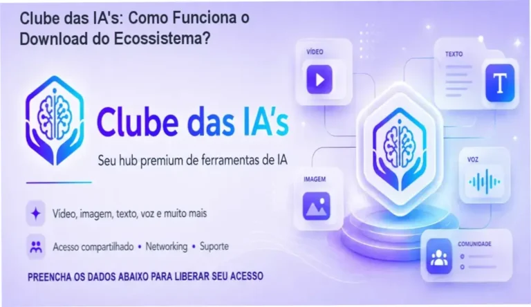 Clube das IA's: Como Funciona o Download do Ecossistema? 2 https://ondeaprender.com.br/ Painel do Clube das IA's mostrando ferramentas de vídeo, imagem e texto em um hub