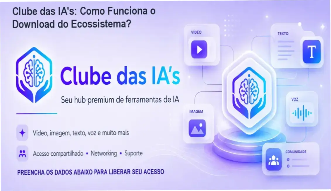 Painel do Clube das IA's mostrando ferramentas de vídeo, imagem e texto em um hub