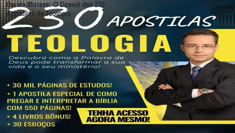 Composição visual das 230 apostilas de teologia em formato digital para estudo bíblico