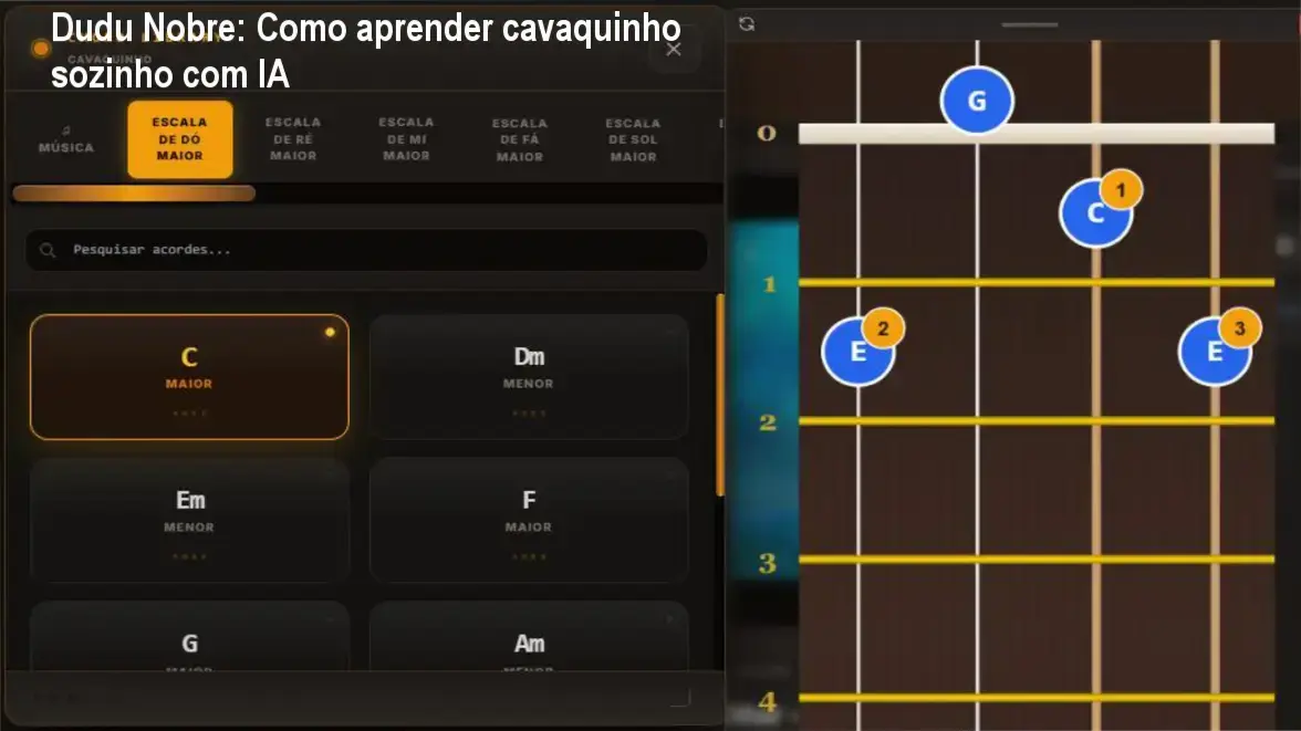 Dudu Nobre tocando cavaquinho com interface de IA de correção em tempo real