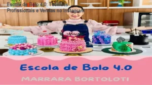 Escola de Bolo 4.0 com ilustrações de bolos criativos e telas do Instagram para networking profissional