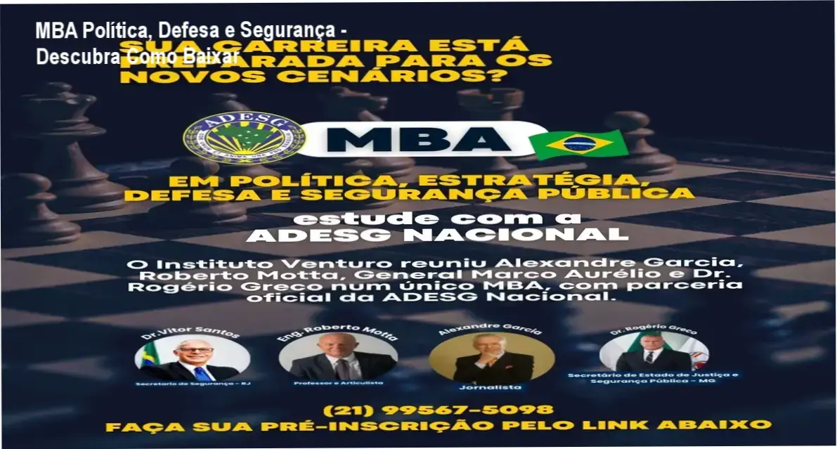 MBA Política, Defesa e Segurança - Descubra Como Baixar 1 https://ondeaprender.com.br/mba-politica-estrategia-defesa-e-seguranca-publica-duvidas-sobre-download/ Capa do guia do MBA em Política com detalhes sobre certificação, conteúdo e instituições envolvidas.