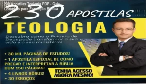 Capa destacada do curso digital com 230 apostilas de teologia em PDF, incluindo bônus e esboços de pregação para formação bíblica