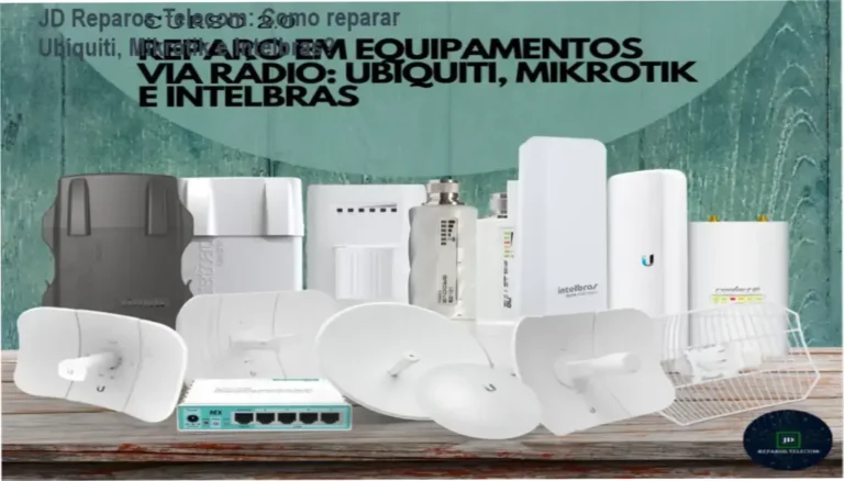 Técnico realizando diagnóstico e reparo em hardware wireless Ubiquiti, Mikrotik e Intelbras