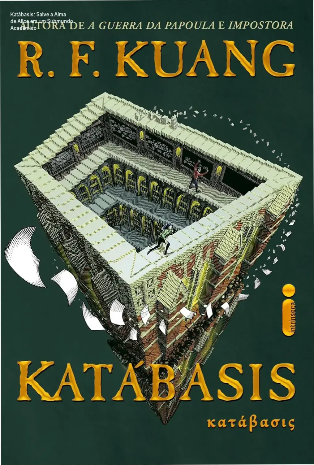 Capa do livro Katábasis por R.F. Kuang com destaque para a arte temática do Inferno acadêmico