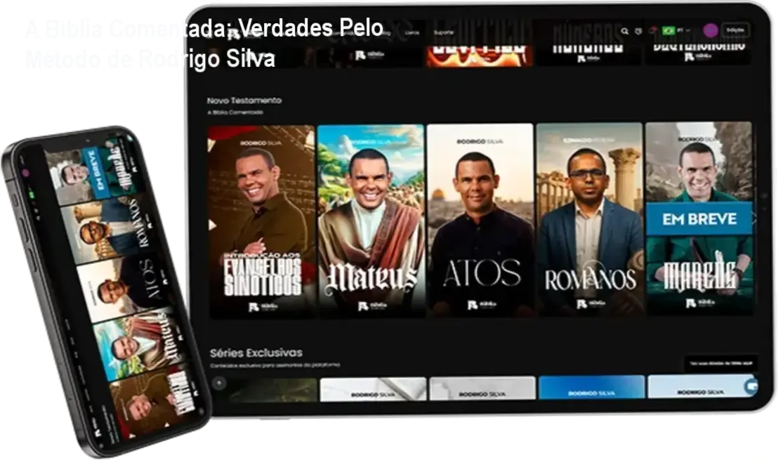 Prof. Dr. Rodrigo Silva explicando a metodologia acadêmica da Bíblia Comentada no aplicativo exclusivo.