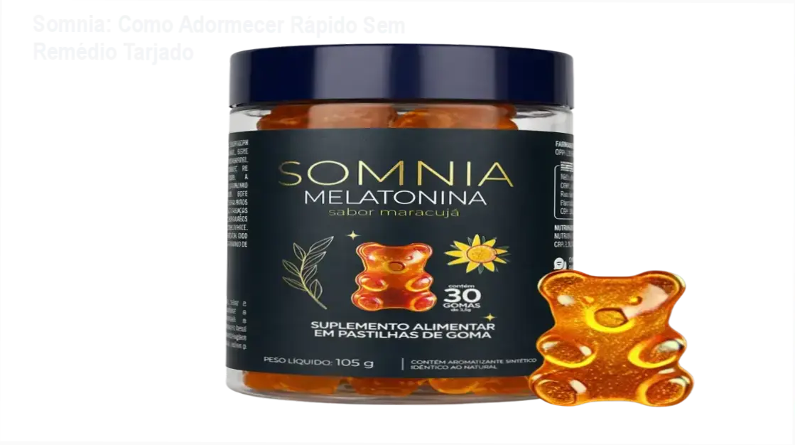 Somnia: Como Adormecer Rápido Sem Remédio Tarjado 1 https://ondeaprender.com.br/somnia-como-funciona-para-dormir-rapido/ Pote de gomas Somnia sabor maracujá da marca Naturallis ao lado de uma goma solta