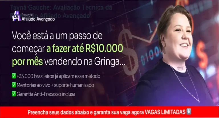 Taynã Gauche: Avaliação Técnica da Formação Afiliado Avançado 4 https://ondeaprender.com.br/elaine-vilar-mentoria-select-como-escalar-lancamentos/ Taynã Gauche apresentando a análise da Formação Afiliado Avançado com destaque para benefícios e riscos