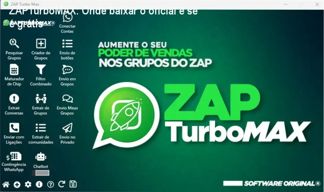 ZAPTurboMAX: Onde baixar o oficial e se é grátis 1 https://ondeaprender.com.br/zapturbomax-onde-baixar-oficial-gratis-ou-pago/ Tela do software ZAPTurboMAX em Windows com aviso de download oficial