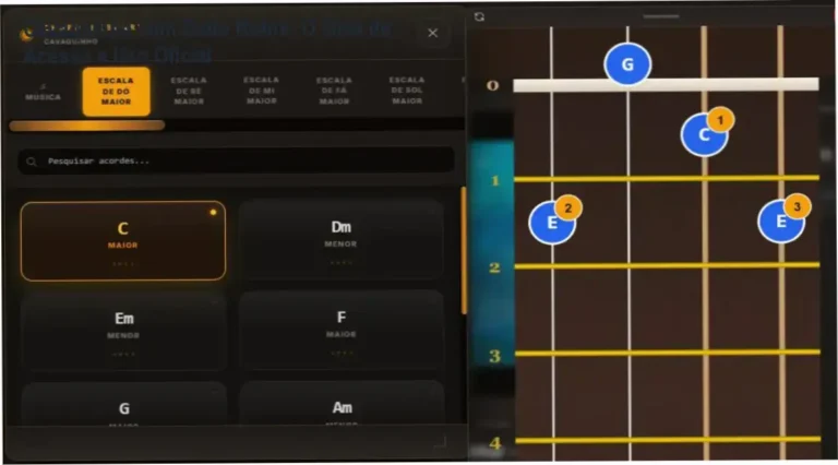 Interface do curso interativo de cavaquinho com Dudu Nobre mostrando tecnologia de reconhecimento de áudio