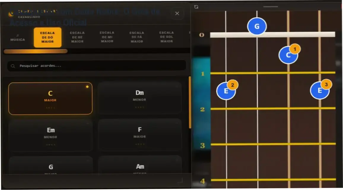 Interface do curso interativo de cavaquinho com Dudu Nobre mostrando tecnologia de reconhecimento de áudio
