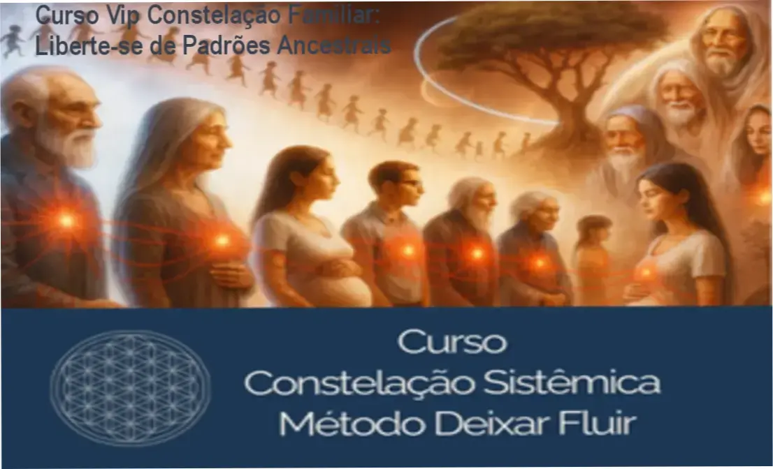 Materiais didáticos do curso de constelação familiar com módulos online representando a abordagem sistêmica do produto.