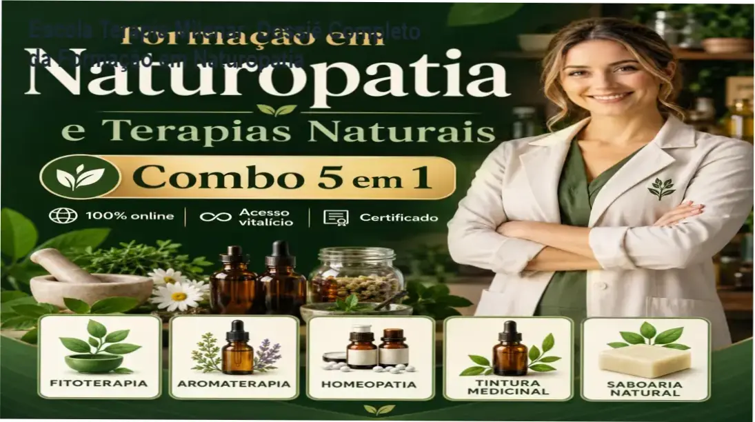 Interface de estudos da Formação em Naturopatia da Escola Terapia Milenar exibindo módulos de fitoterapia e aromaterapia