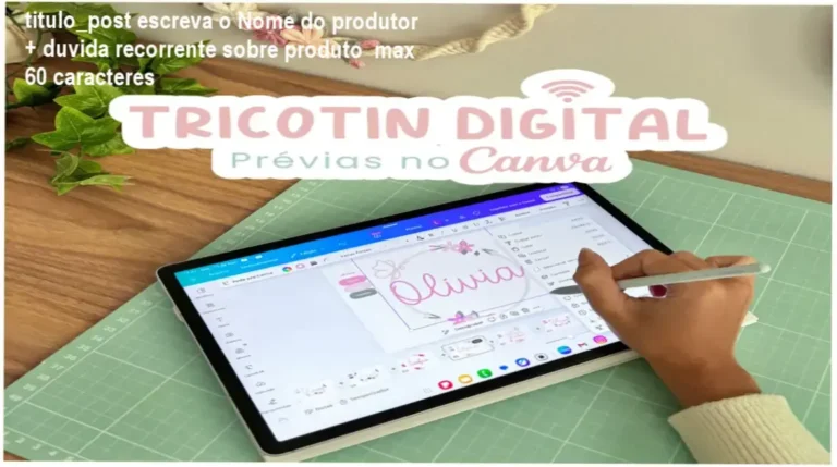 Artesã utilizando o Canva no celular para criar uma prévia digital de peça em Tricotin