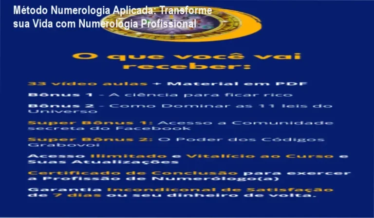 Capa do curso Método Numerologia Aplicada com destaque para o título e ícones de certificação profissional.
