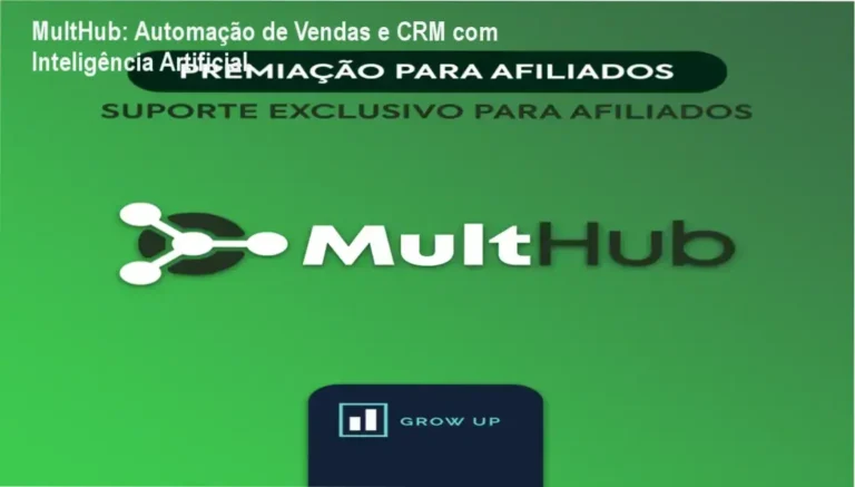 Interface do software MultHub exibindo dashboard de CRM Kanban e automação de mensagens via WhatsApp