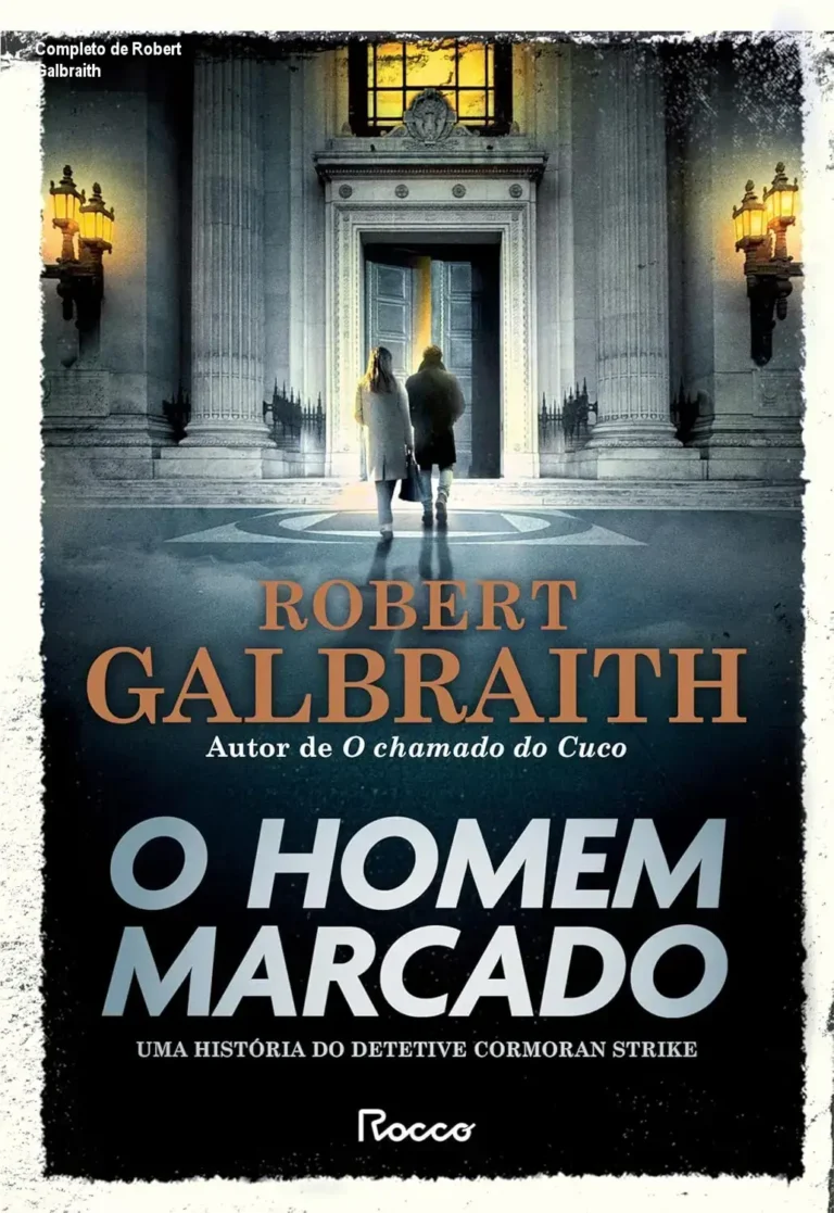 Capa do livro O Homem Marcado de Robert Galbraith com elementos de investigação