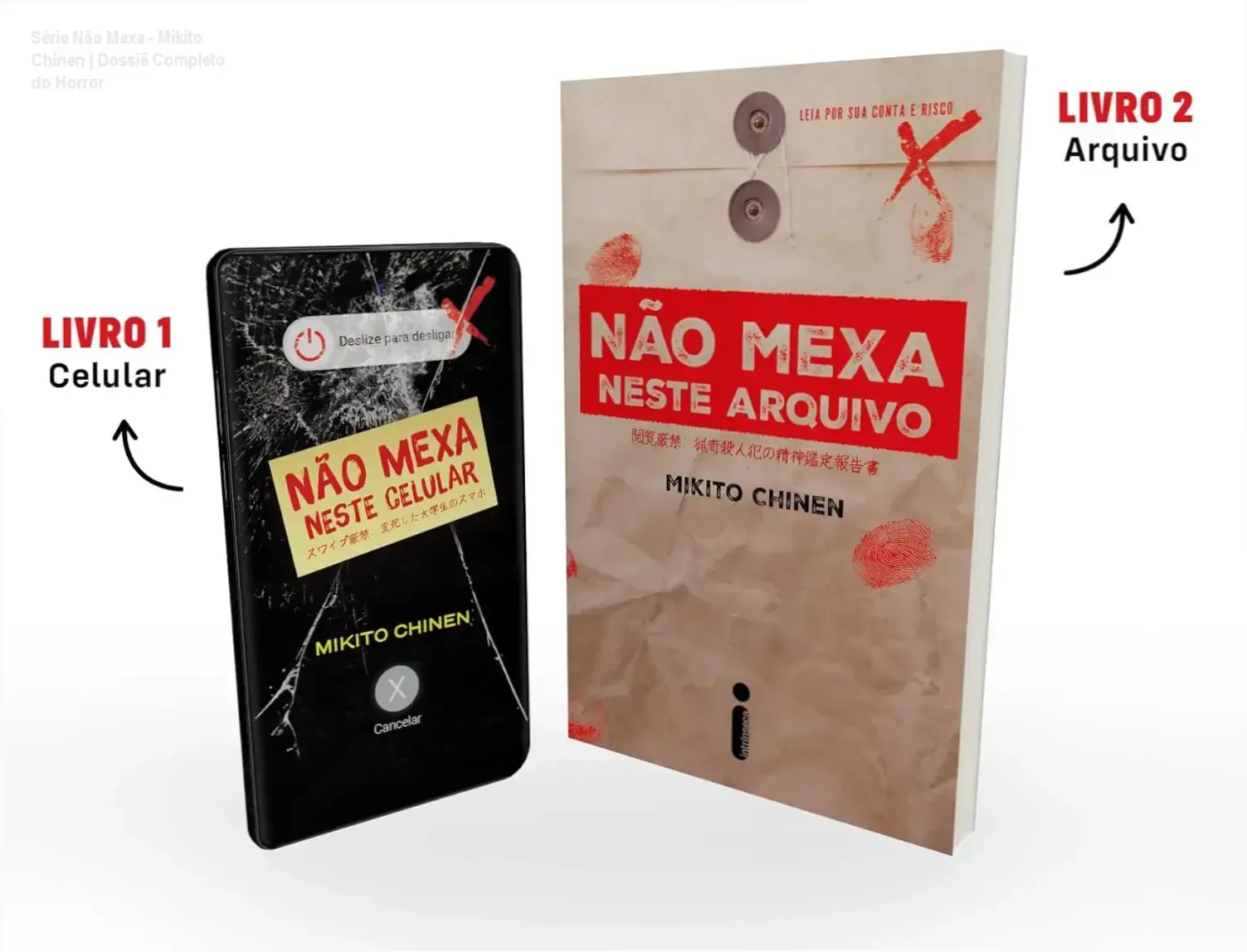 Capa dos livros Não mexa neste celular e Não mexa neste arquivo de Mikito Chinen