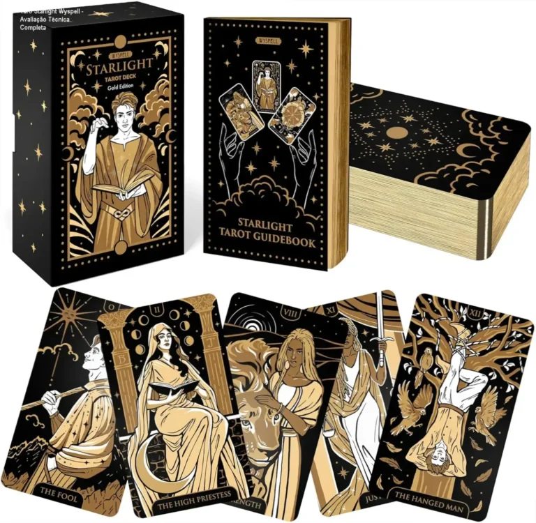 Tarô Starlight Wyspell - Avaliação Técnica Completa 6 https://ondeaprender.com.br/kit-sos-crescimento-queda-95-mais-forte-oficial/ Baralho Tarô Starlight da Wyspell com detalhes em ouro e livro guia para iniciantes