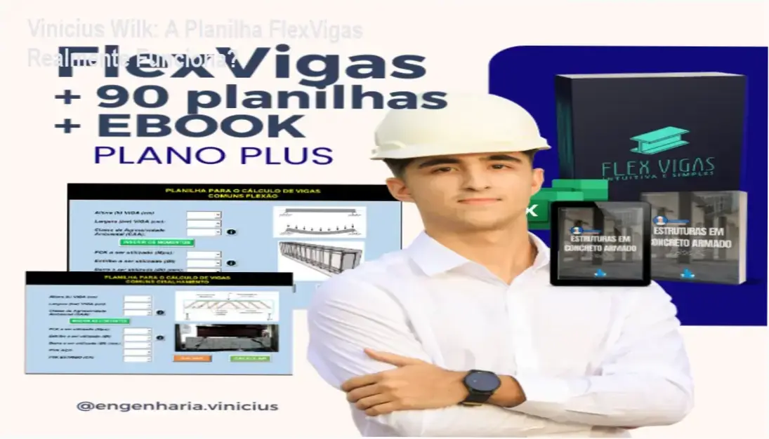 Interface da planilha FlexVigas de Vinícius Wilk exibindo cálculos de flexão e cisalhamento para concreto armado.