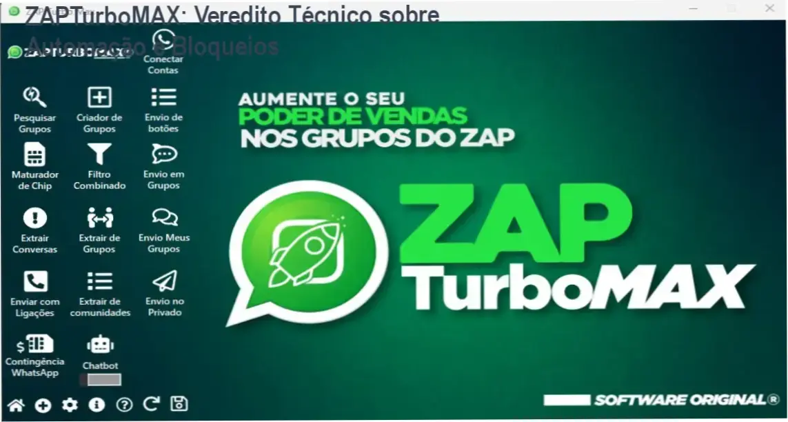 ZAPTurboMAX: Veredito Técnico sobre Automação e Bloqueios 1 https://ondeaprender.com.br/zapturbomax-funciona-mesmo-sem-bloquear/ Interface do software ZAPTurboMAX demonstrando fluxos de automação e integração com ChatGPT