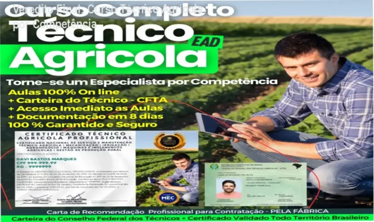 Interface do Curso Técnico Agrícola por Competência da Development LTDA mostrando videoaulas e ebooks
