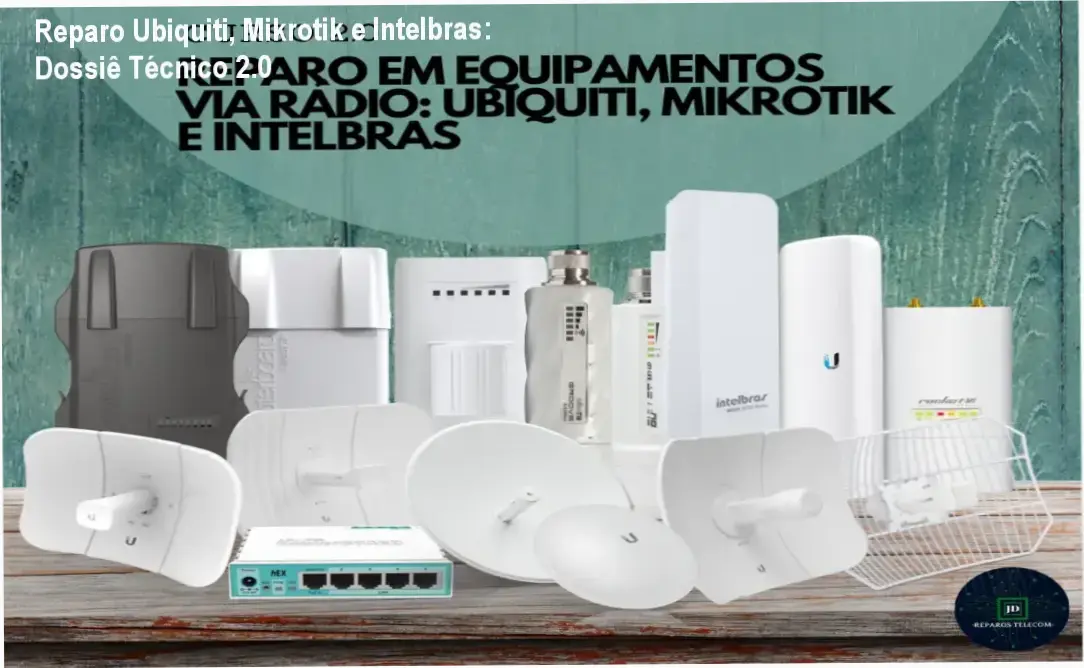 Reparo Ubiquiti, Mikrotik e Intelbras: Dossiê Técnico 2.0 1 https://ondeaprender.com.br/reparo-equipamentos-radio-ubiquiti-mikrotik-intelbras/ Técnico realizando diagnóstico de componentes SMD em rádio Ubiquiti com multímetro em bancada